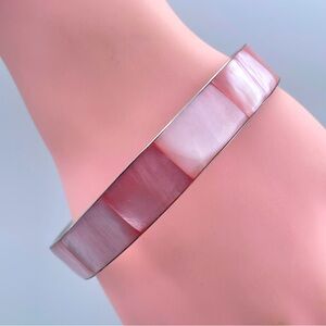 Pink Mother-of-Pearl Inlay Bangle Bracelet Silver Tone Minimalist